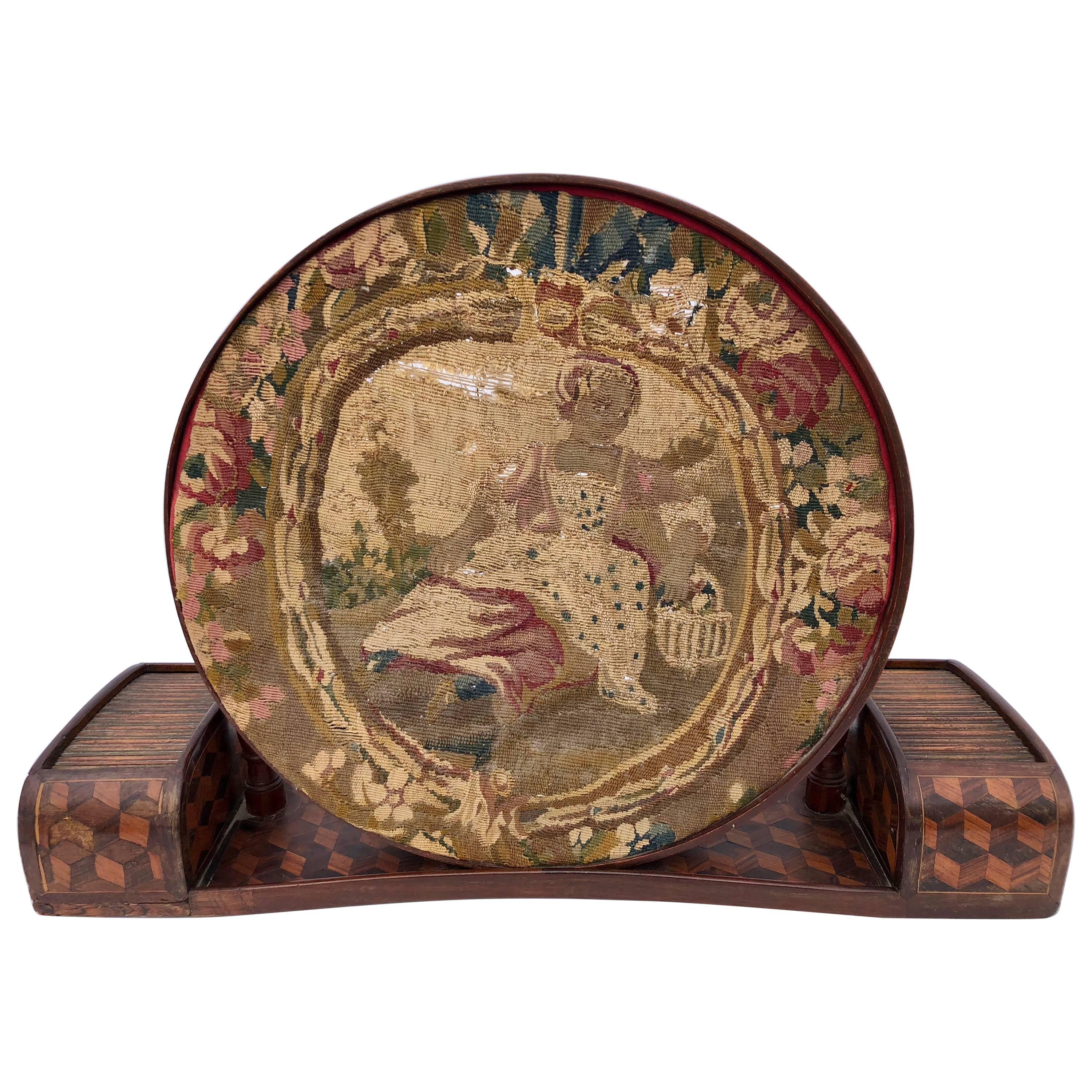 French Marquetry Embroidery Frame with Original Embroidery of Young Girl, 1800s For Sale