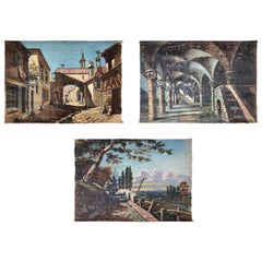 French Early 1900s Guignol Hand-Painted Scenes on Canvas, Set of Three