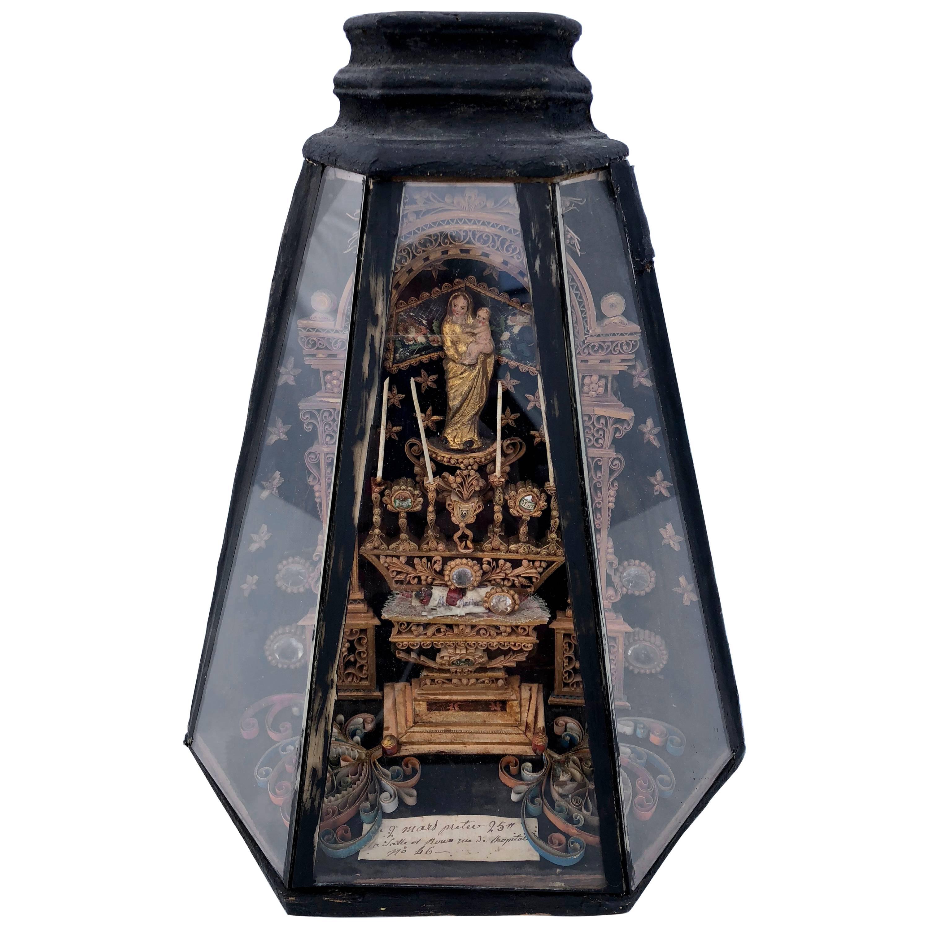 French Antique Reliquary with a Statue of Mary and Infant Jesus, 1700s For Sale
