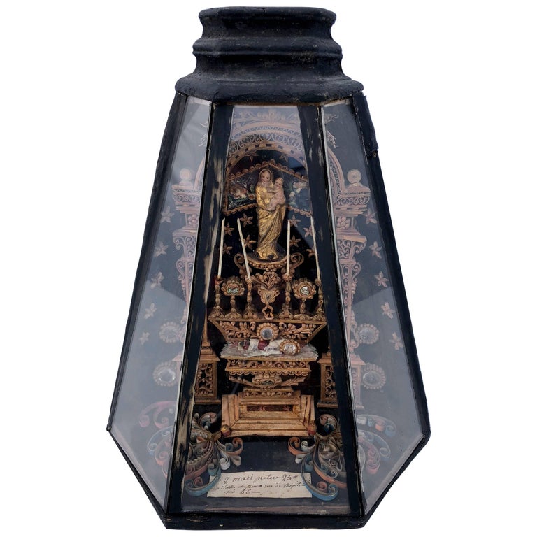 French Antique Reliquary with a Statue of Mary and Infant Jesus, 1700s