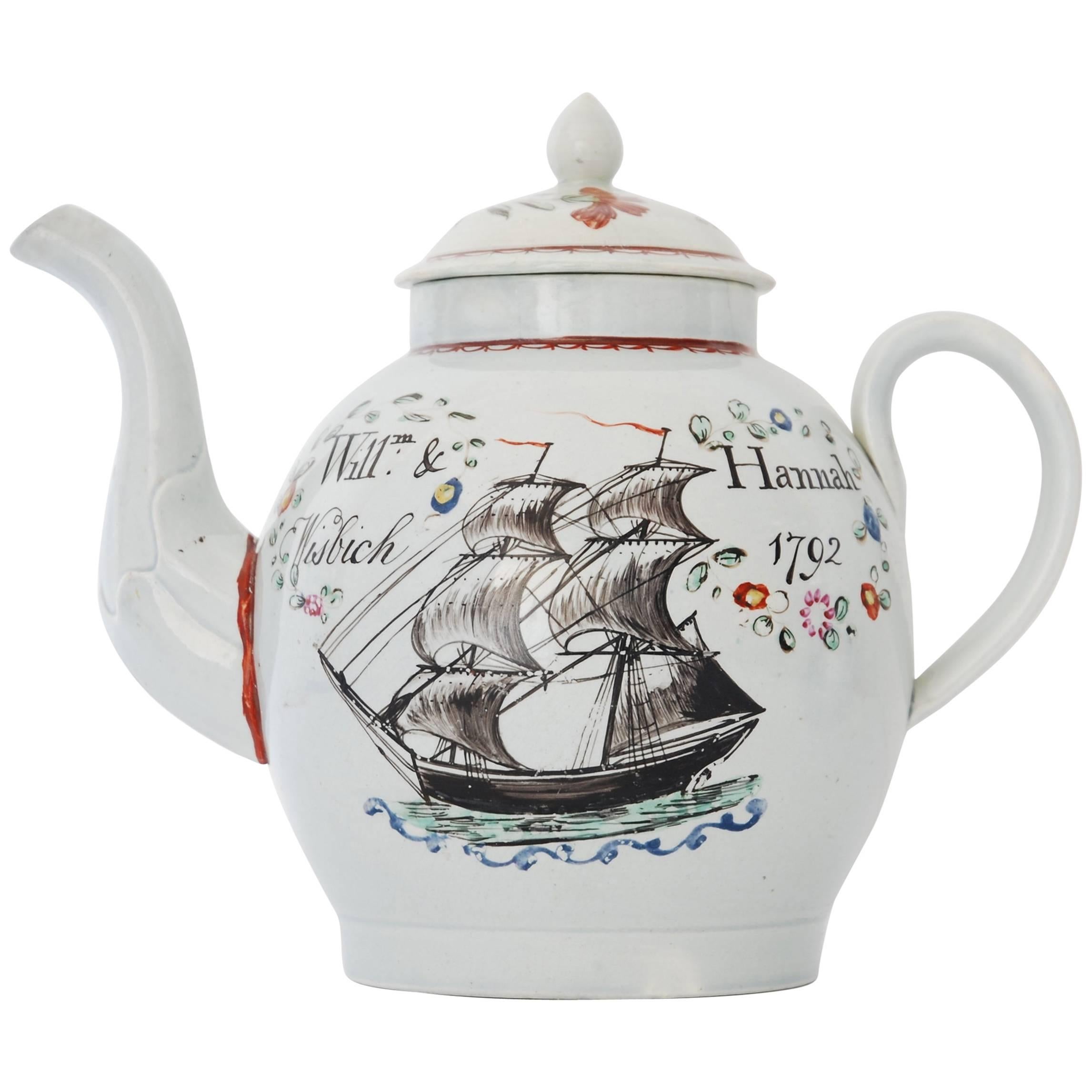 Dated Pearlware Teapot with Ship, English, 1792 For Sale