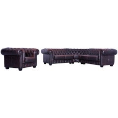 Chesterfield Corner Sofa Set and Club Chaior Brown Leather Couch Vintage Rivets