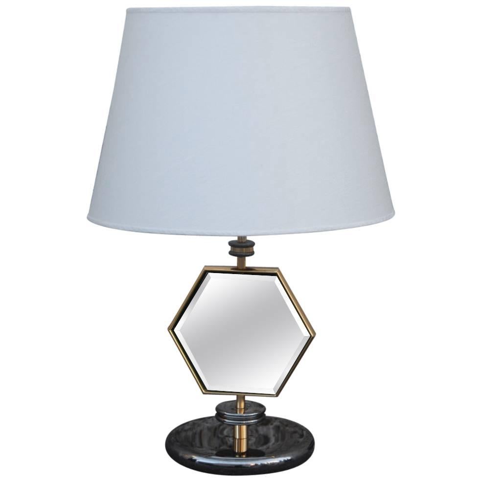 Table Lamp Esagonal  1970s Brass Chrome Fabric Dome Mirror Italian Design 