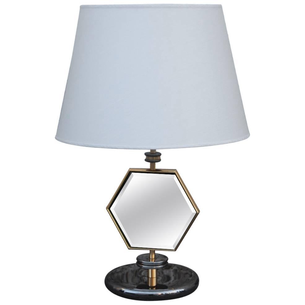 Tischlampe Esagonal  1970er Messing Chrom Stoff Dome Spiegel Italienisch Design