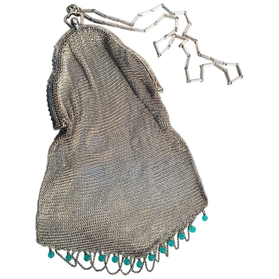 Sterling Silver Mesh Weave beaded bag, ca 1900 For Sale