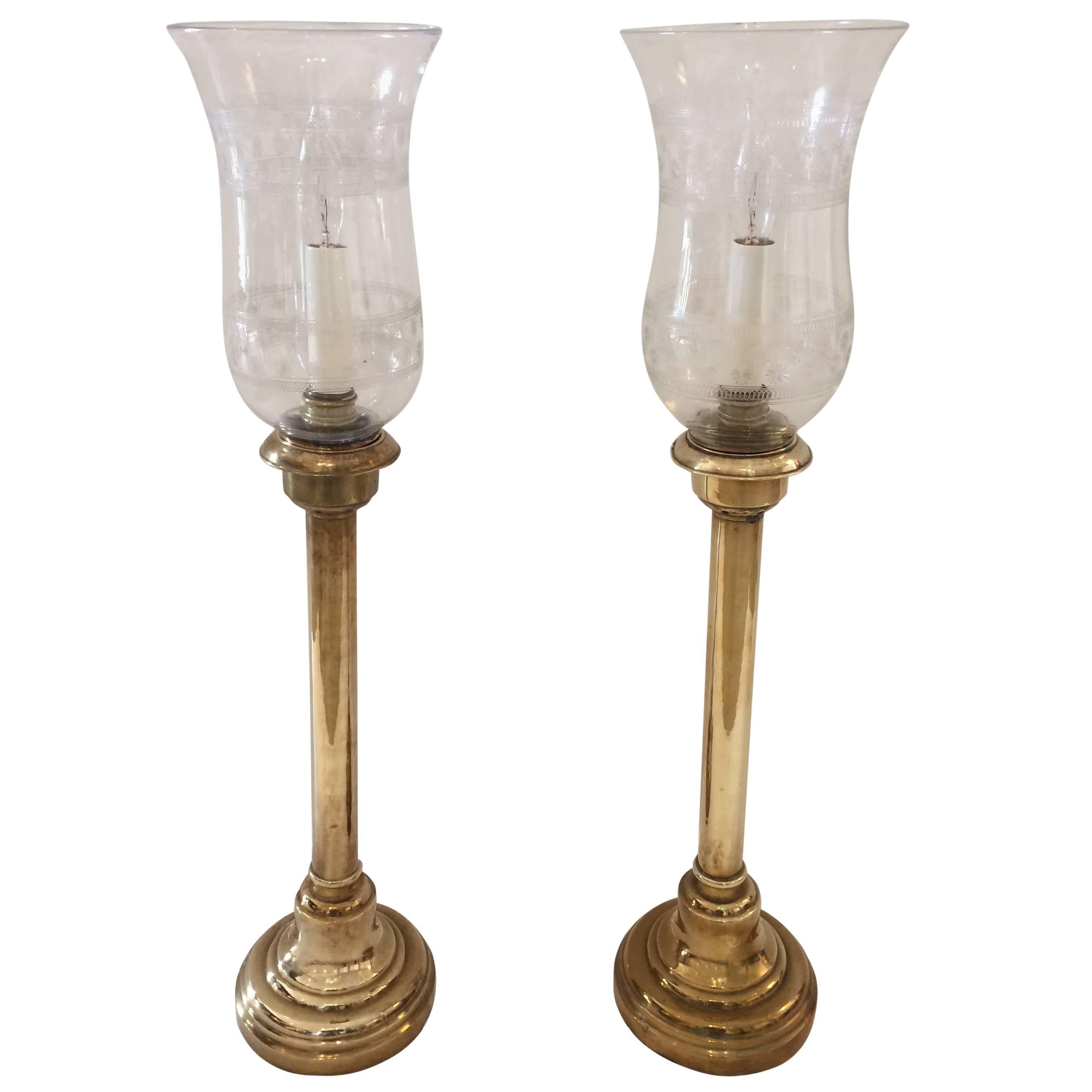 Beautiful Pair of Brass Candlestick Lamps with Original Antique Glass Globes