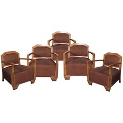 Vintage 1980s Set of Five Art Deco Brown Velvet Wooden Armchairs