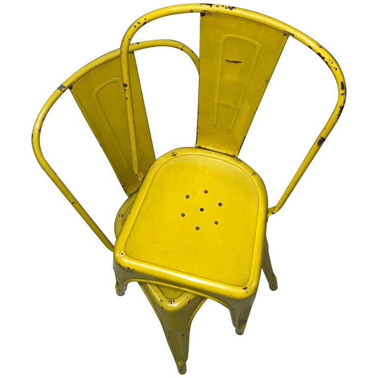 1950s Xavier Pauchard Pair of Industrial Yellow Metal French Chairs