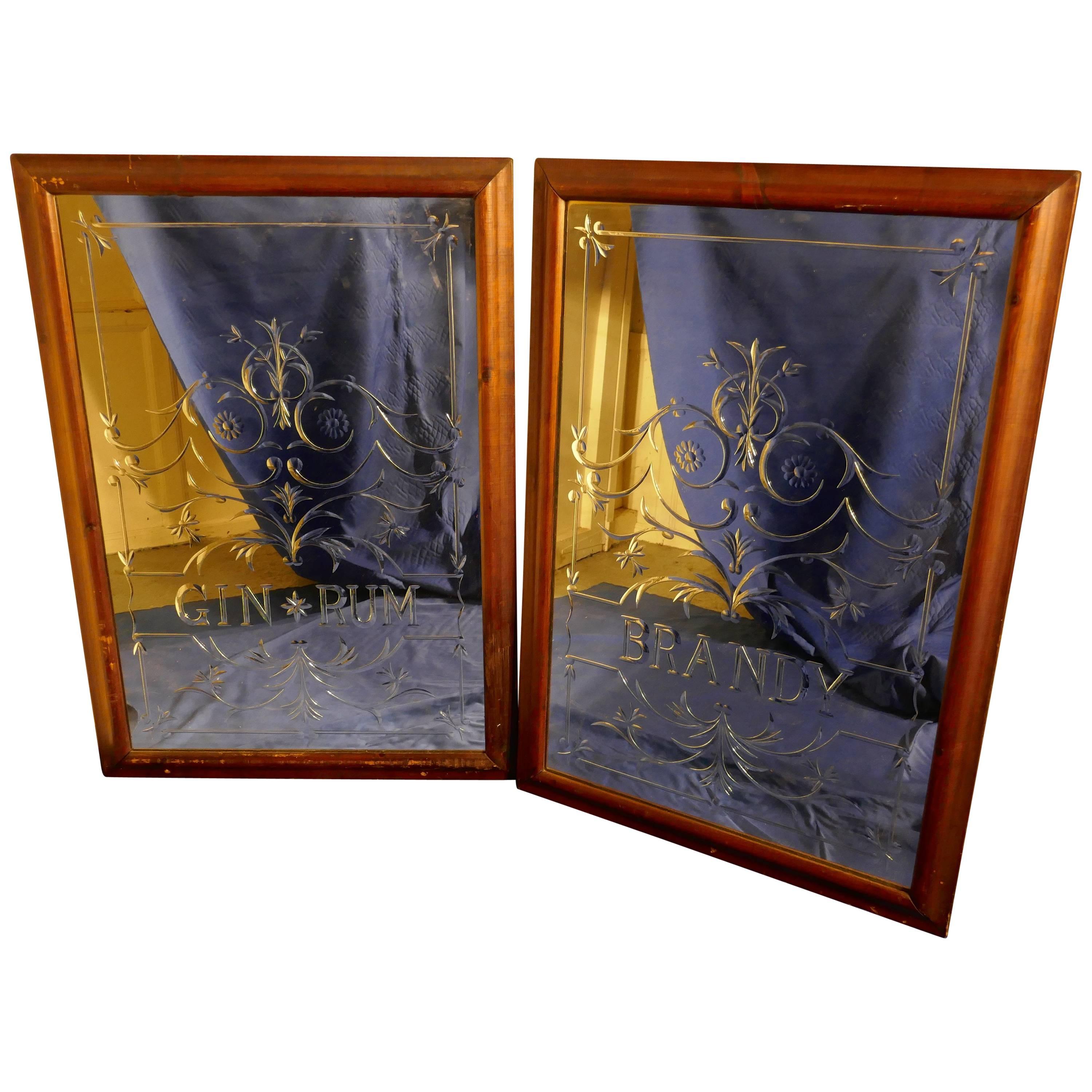 Pair of Large Etched Glass Pub Mirrors
