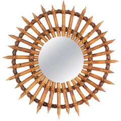 Small 1940s French Bamboo and Rattan Tiki Style Sunburst Mirror