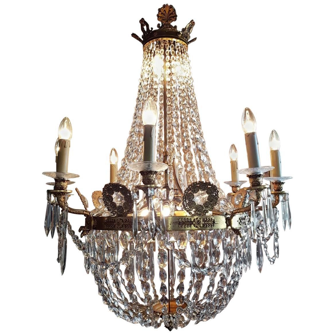 French Empire Gilt Bronze and Crystal Cut Dore Chandelier For Sale