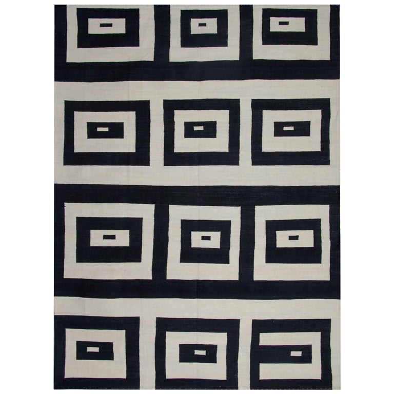 Primitive Kilim Rugs Square Handmade Carpet Black And White