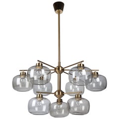Brass Chandelier with Smoke Glass Shades by Holger Johansson for Westal, Swedish