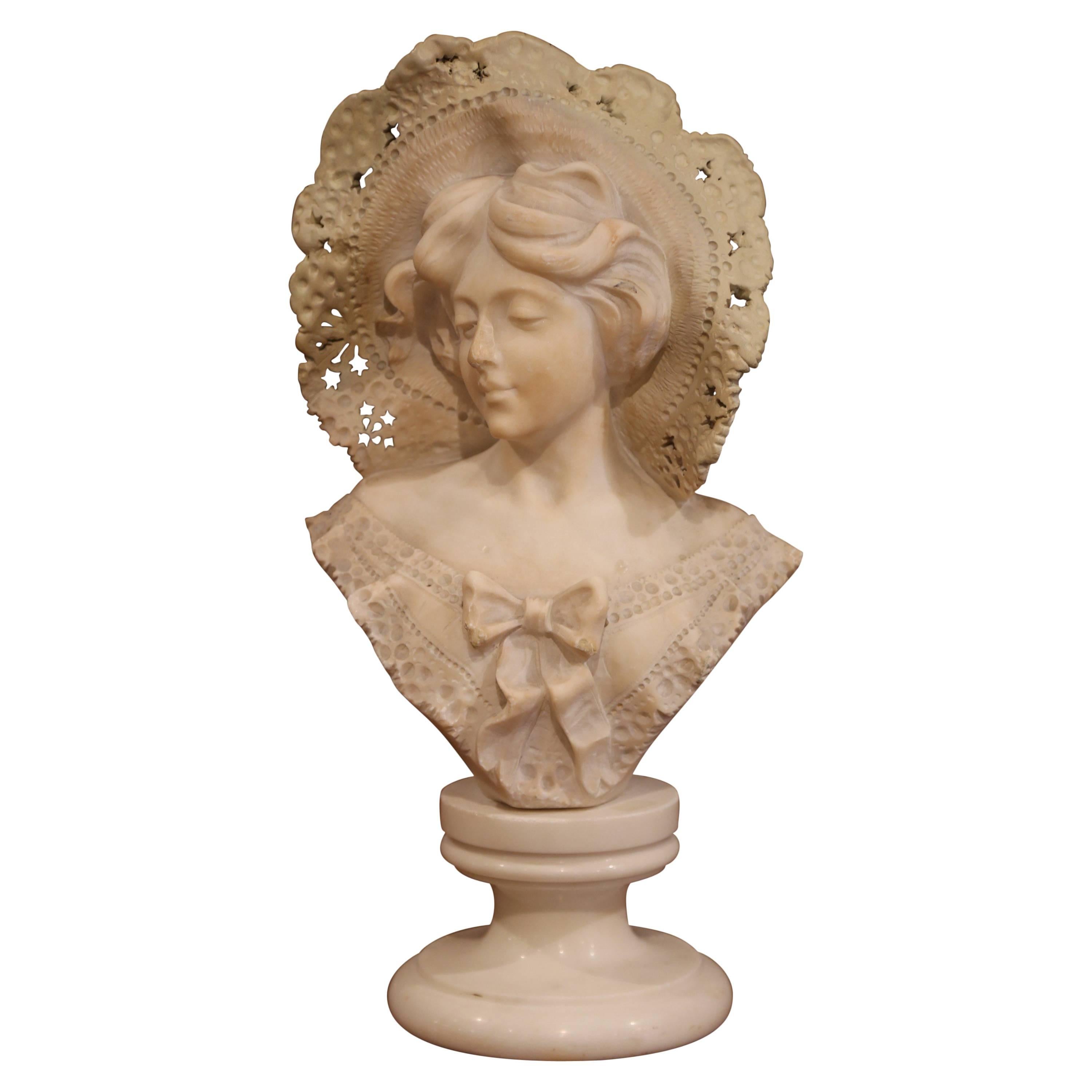 19th Century French Marble Bust of a Young Beauty with Lace Hat on Swivel Base