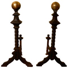 Large and Heavy Pair of French 19th Century Brass and Iron Andirons or Fire Dogs