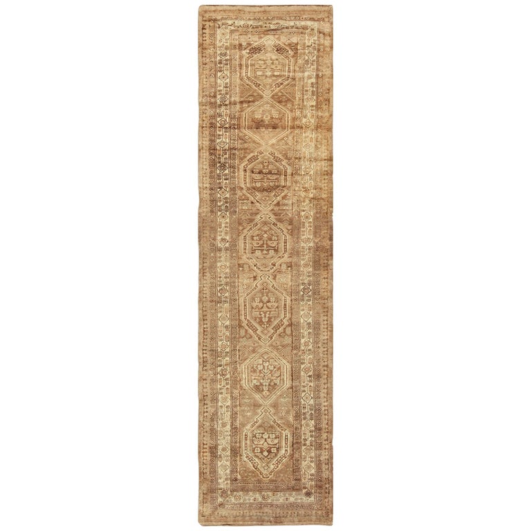 Neutral Earth Tone Vintage Persian Malayer Runner Rug For Sale at 1stdibs