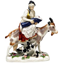 Retro Meissen Wife of Tailor Riding on Goat by Johann Eberlein Model 155