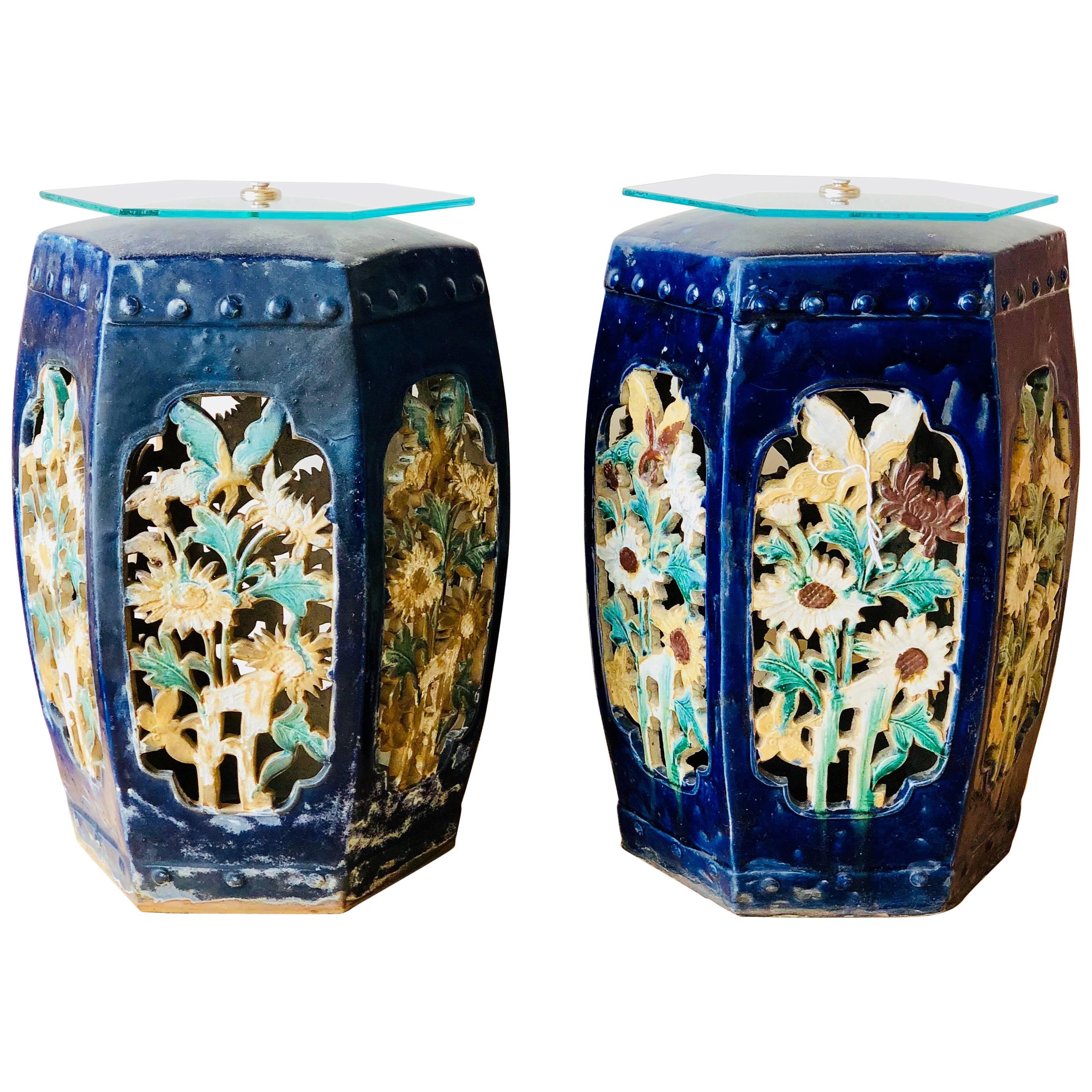 Garden Stools Pair of Blue Chinese Glazed CeramicSide Tables Drink Tables For Sale