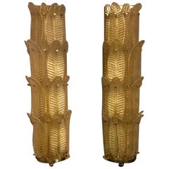 Pair of Murano Gold Leaves Big Sconces Brass Fittings, 1950s
