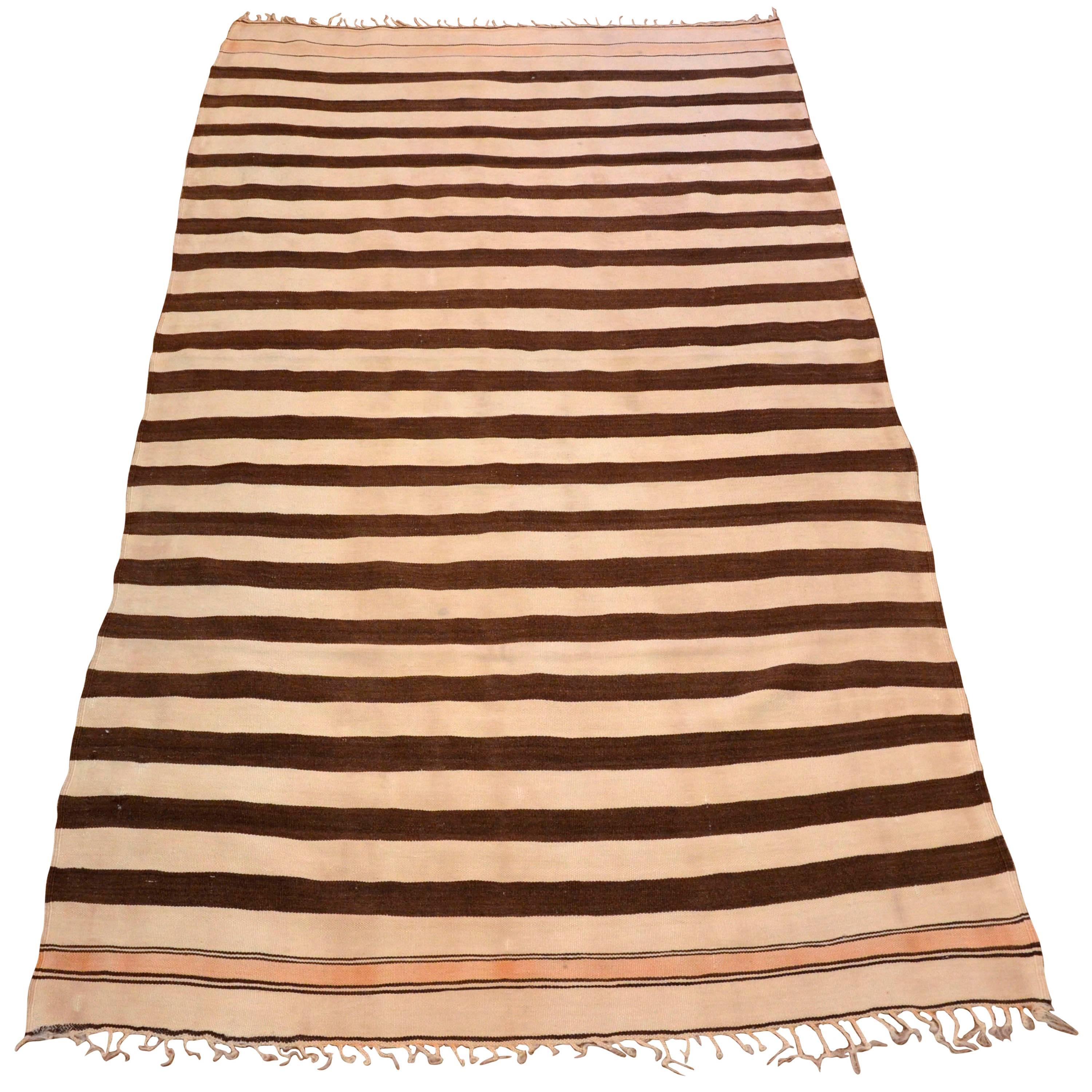 1950s Moroccan Handwoven Natural Wool Brown and Cream Stripes Kilim For Sale