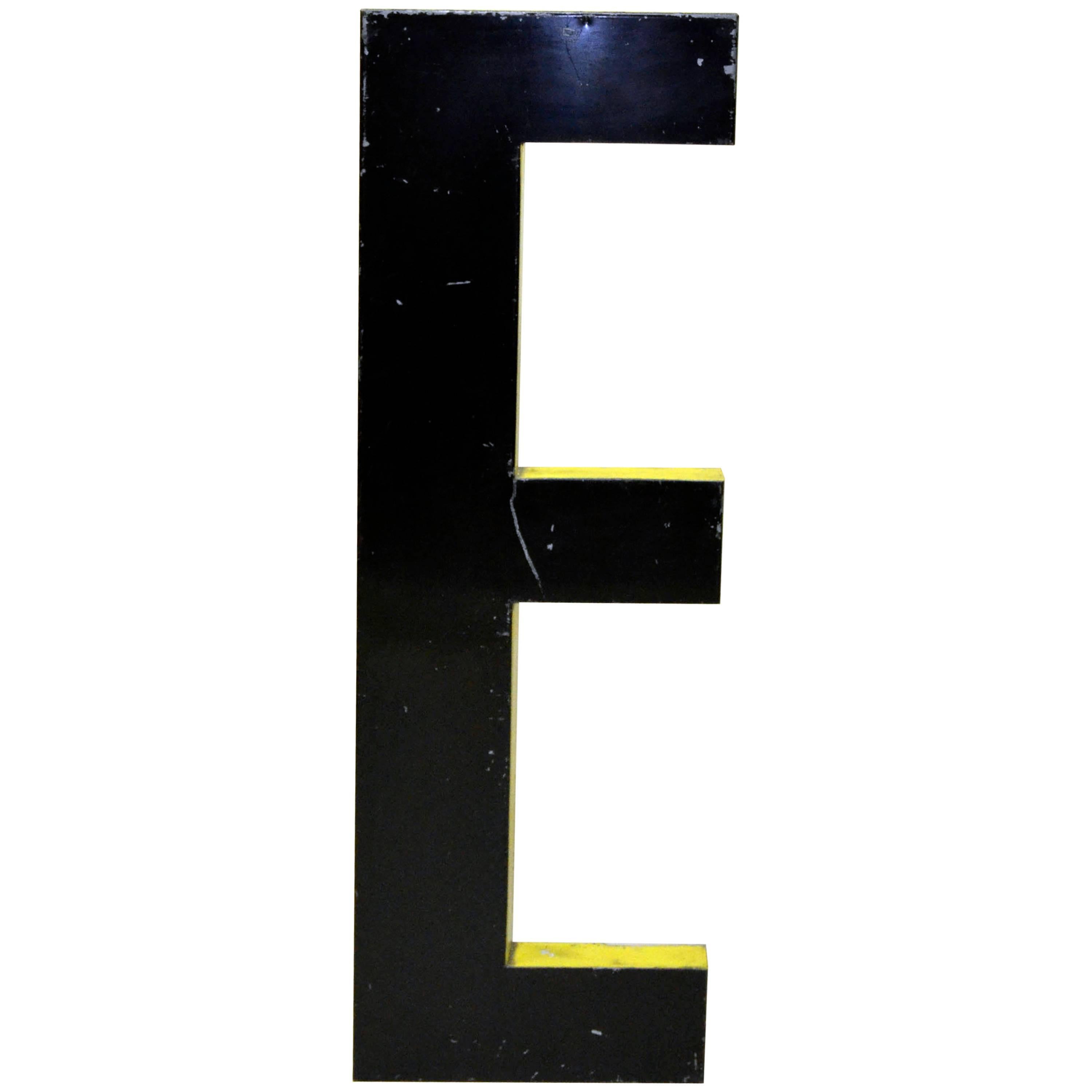 1960s Large French Black Vintage Metal Capital Letter E with Yellow Profile For Sale