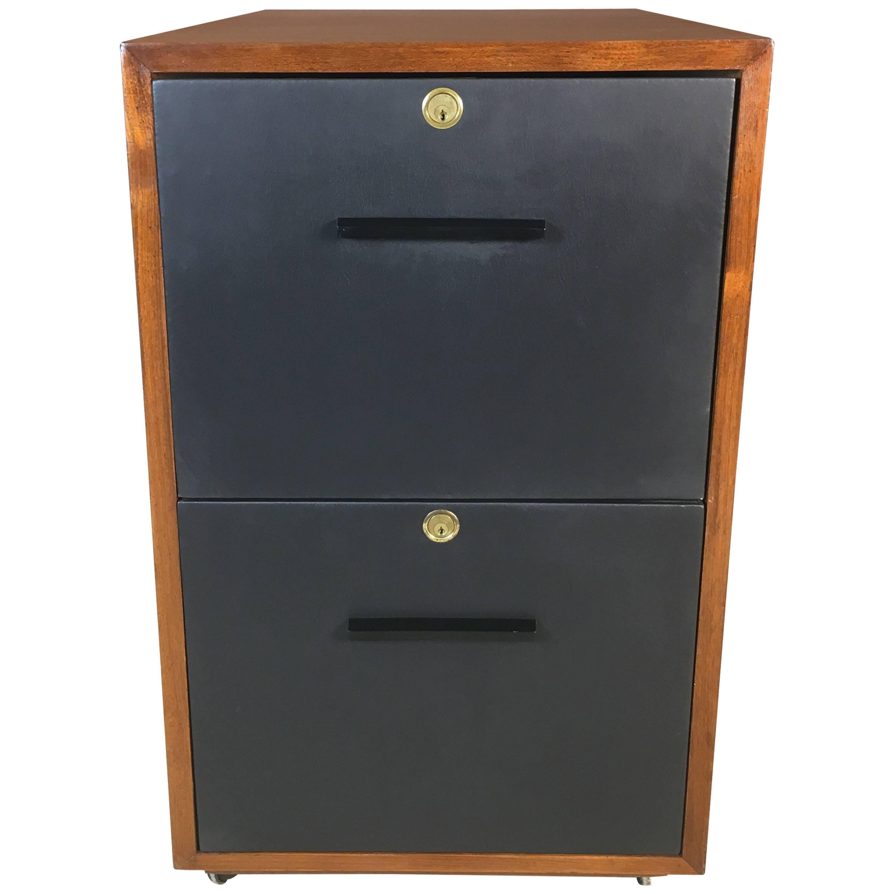 Mid-20th Century Teak and Leather Front Rolling File Cabinet