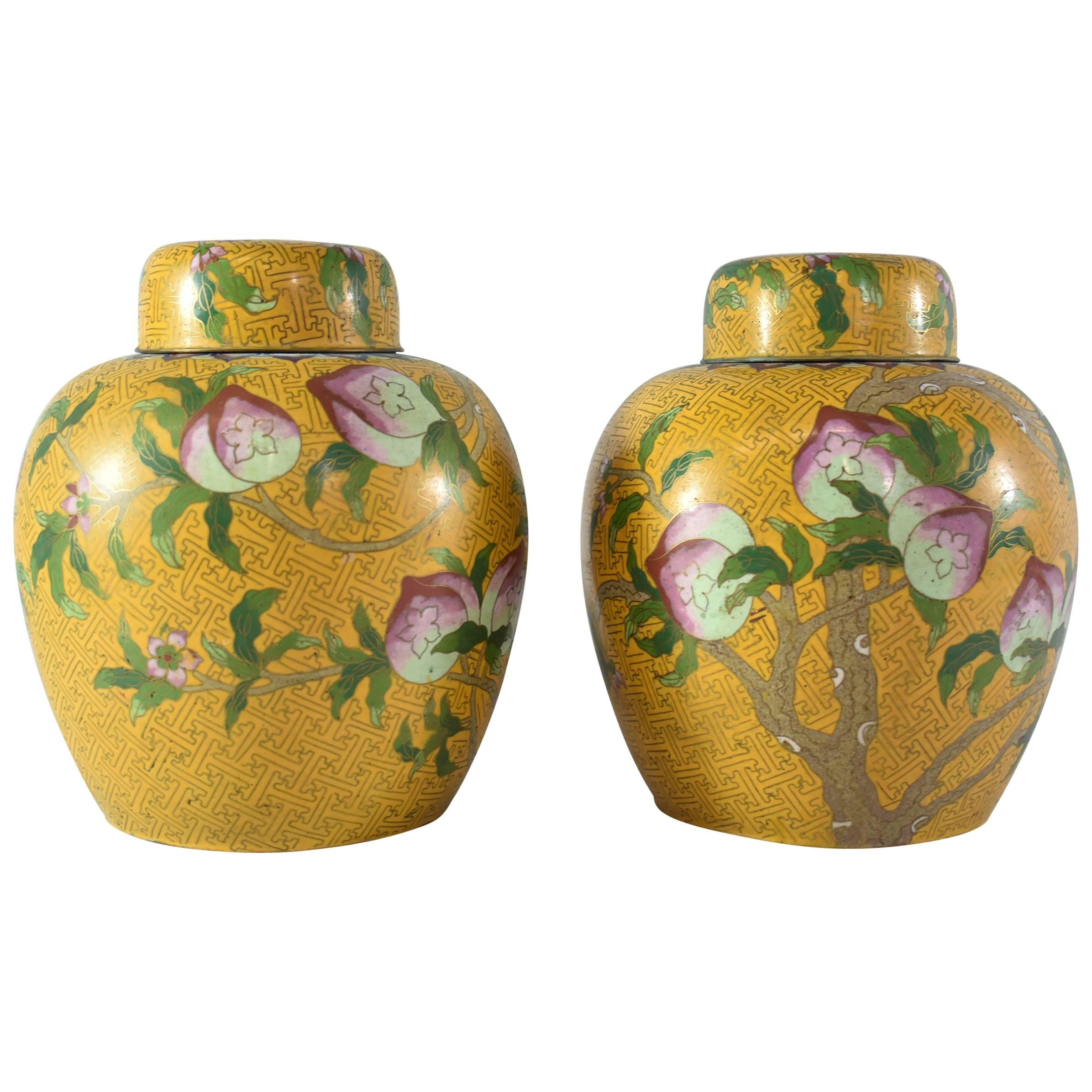 20th Century Cloisonne Ginger Jars with Lids in Peach Tree Pattern