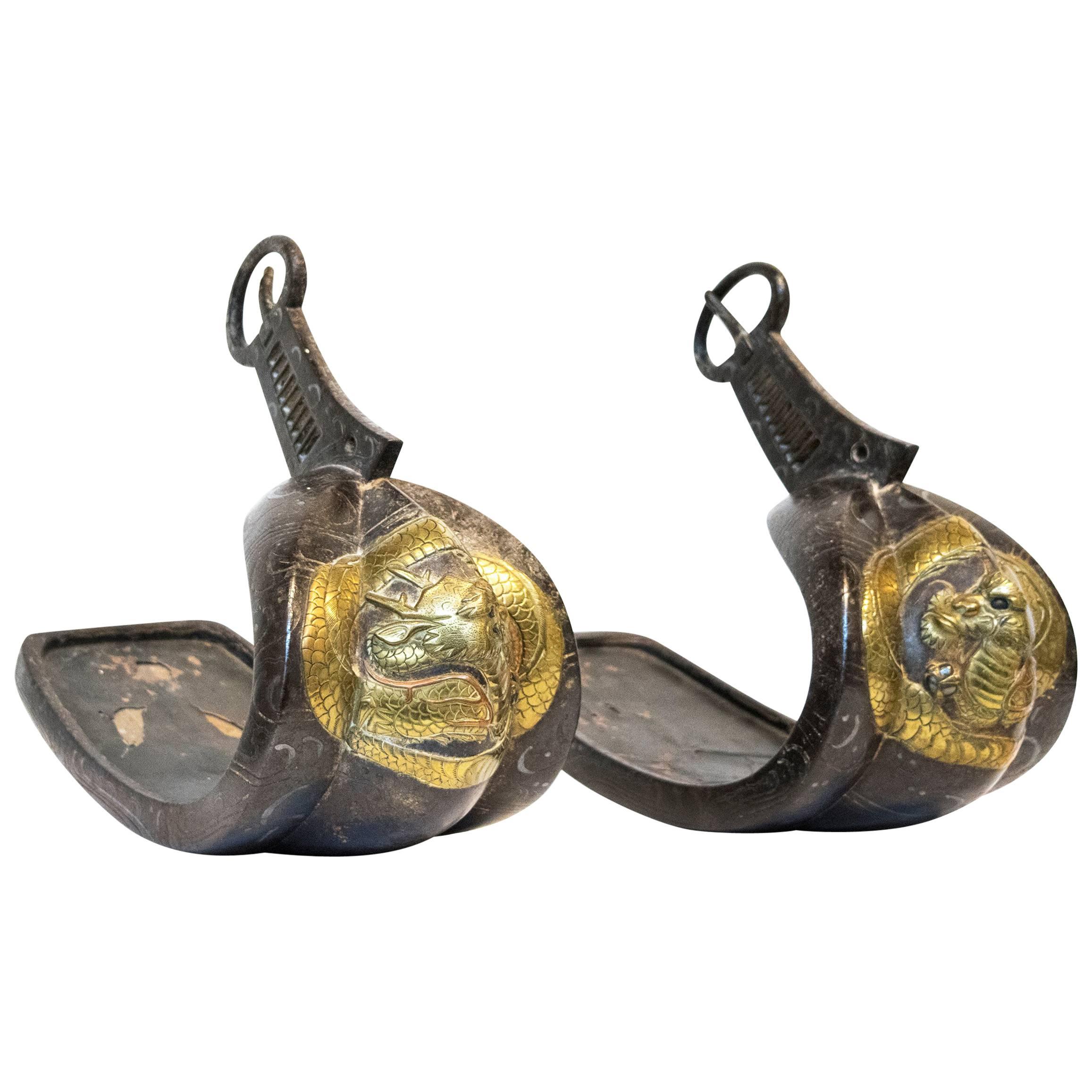 Pair of Japanese Abumi Samurai Stirrups with Dragons, c. 1800 For Sale