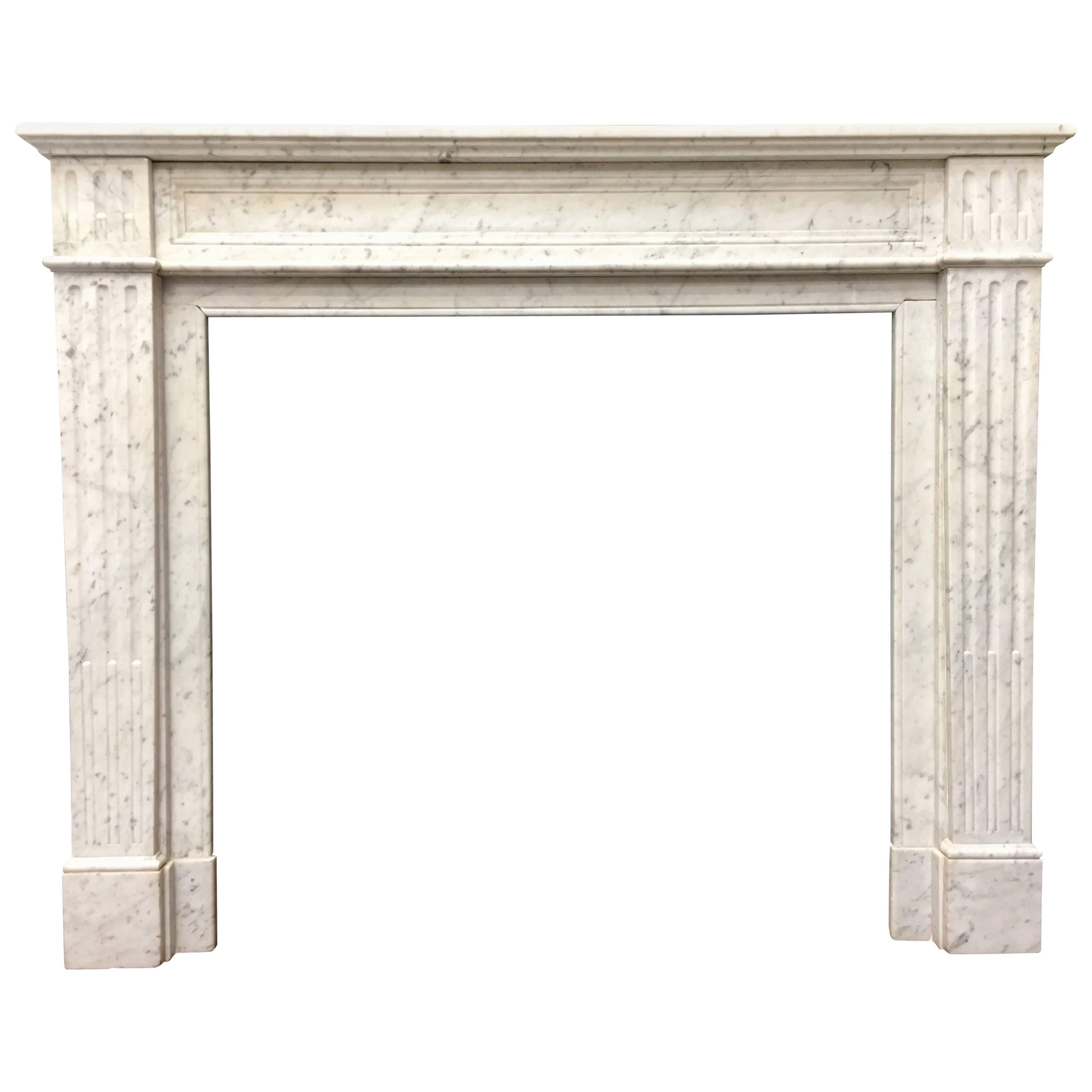 Antique French Louis XVI Style White Carrara Marble Fireplace Surround