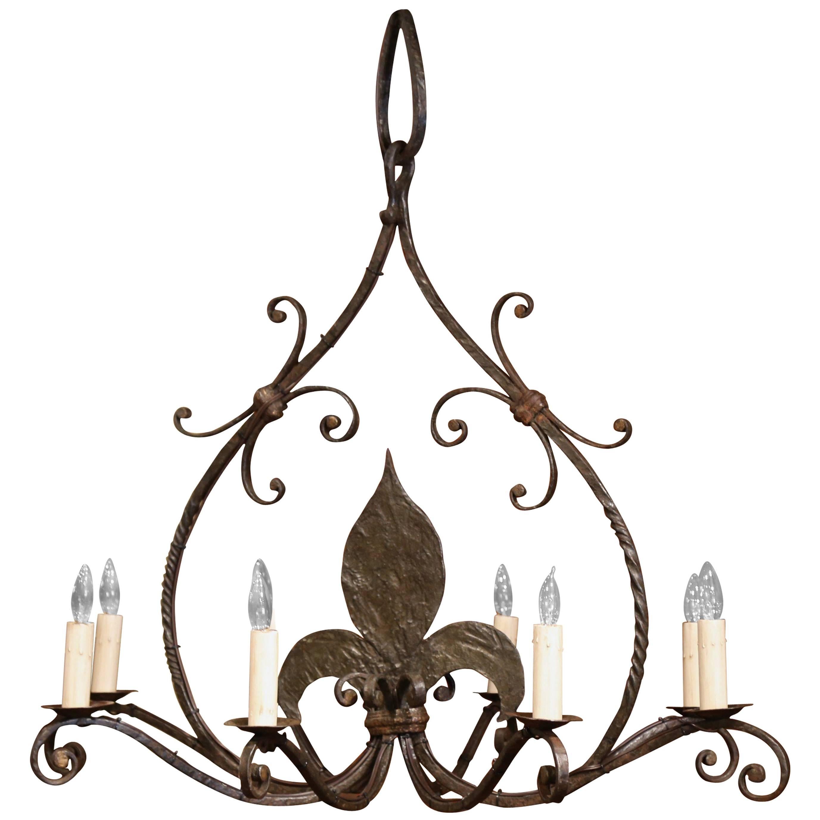 Large 19th Century French Wrought Iron Eight-Light Chandelier with Fleur-de-Lys