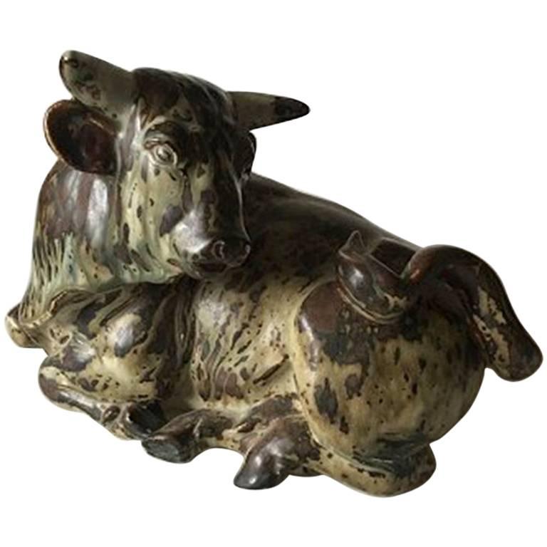 Royal Copenhagen Knud Kyhn Stoneware Figurine of a Resting Bull No. 2595 For Sale
