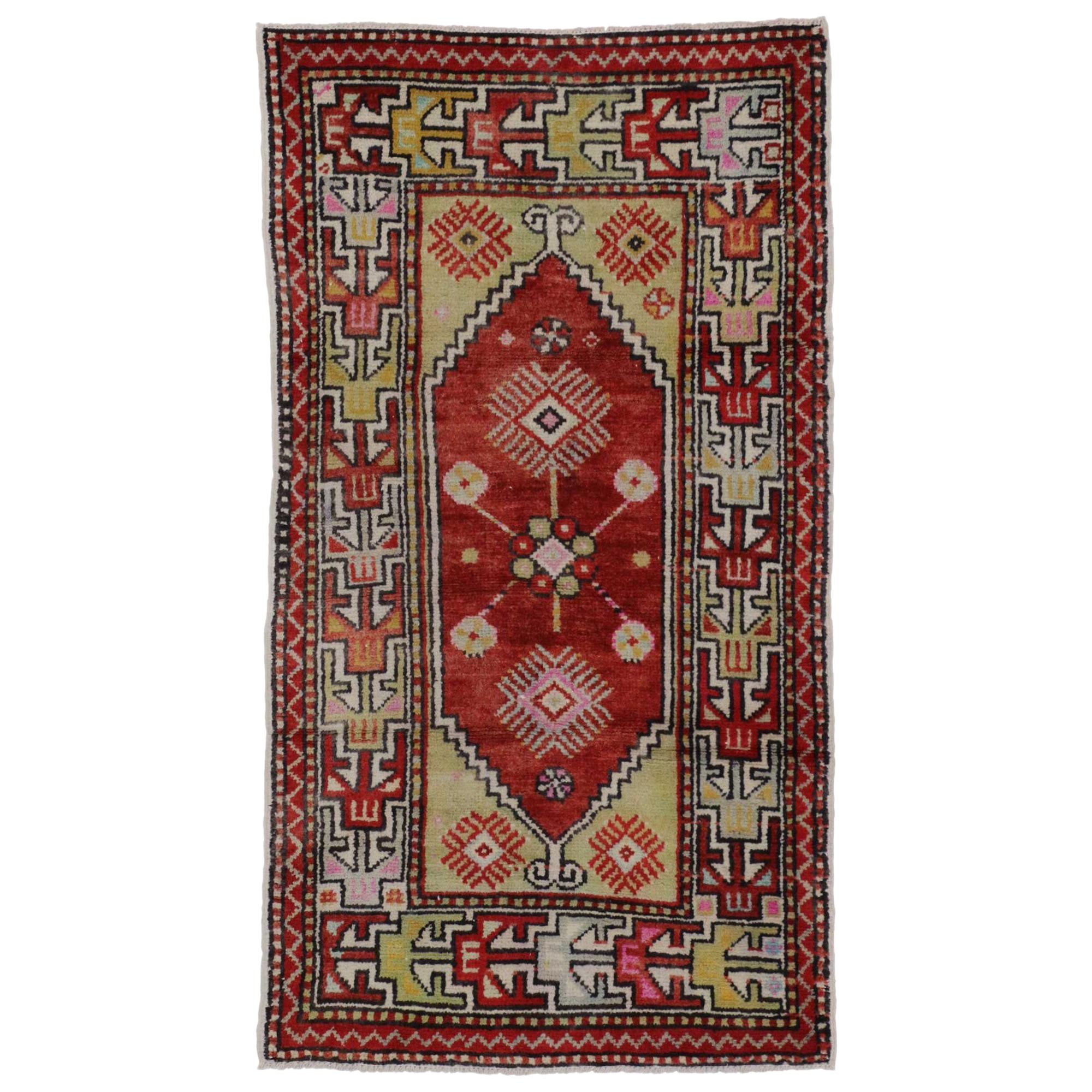 Vintage Turkish Oushak Accent Rug with Color Pop, Anatolian Yuntdag Rug For Sale 1