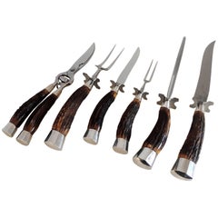 Retro Extensive Carving Set Antler Horn Handles and Sterling Silver Six-Piece Serving