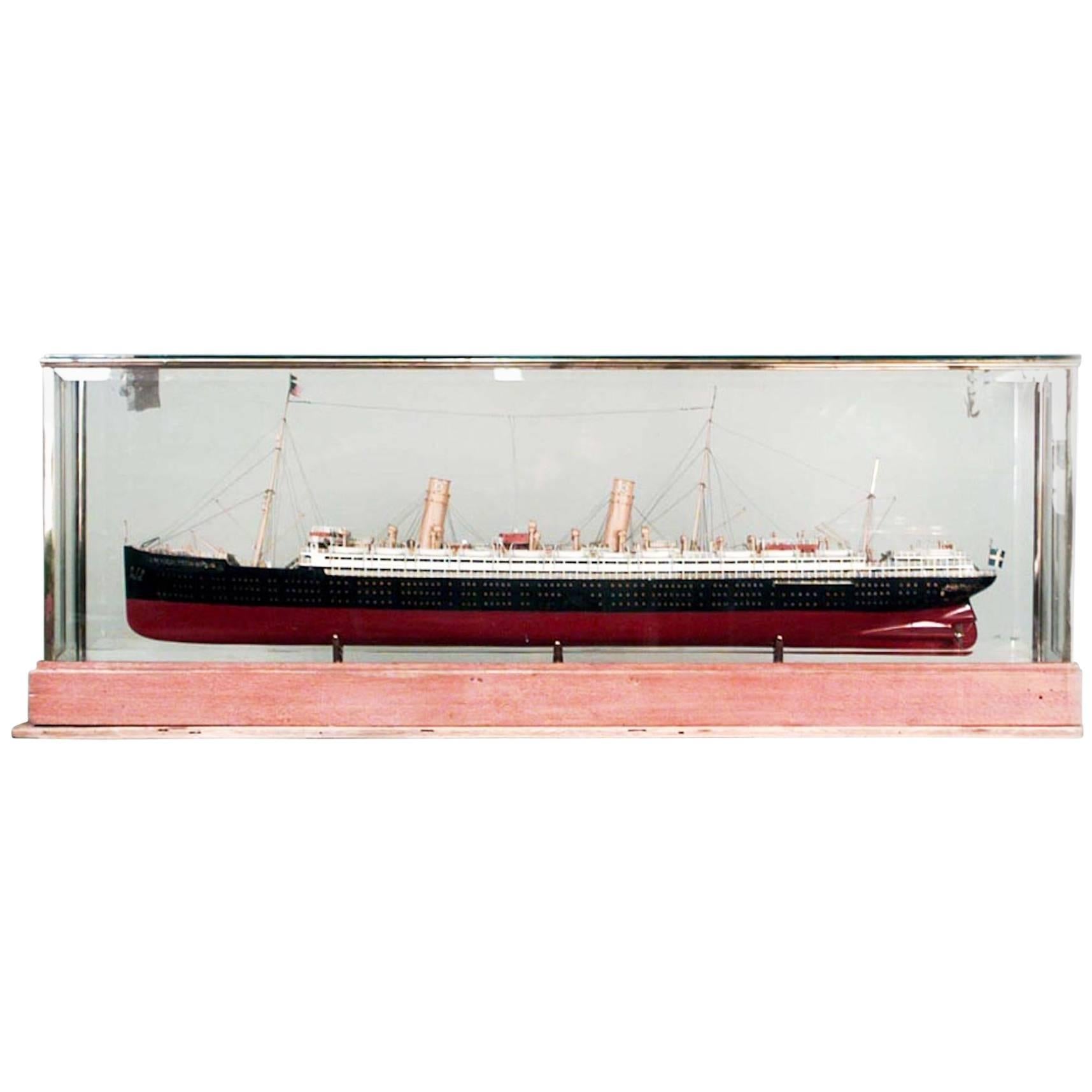 German Luxury Liner Ship Model in Glass Case For Sale