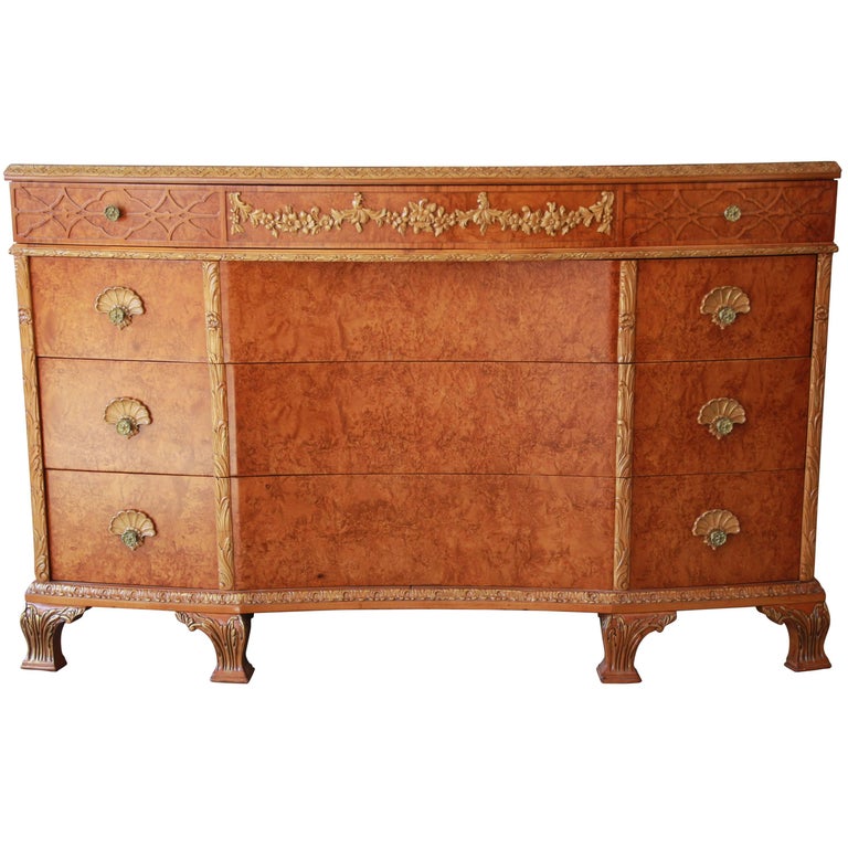 Antique Burled Maple French Carved Dresser by Romweber, circa 1920s at