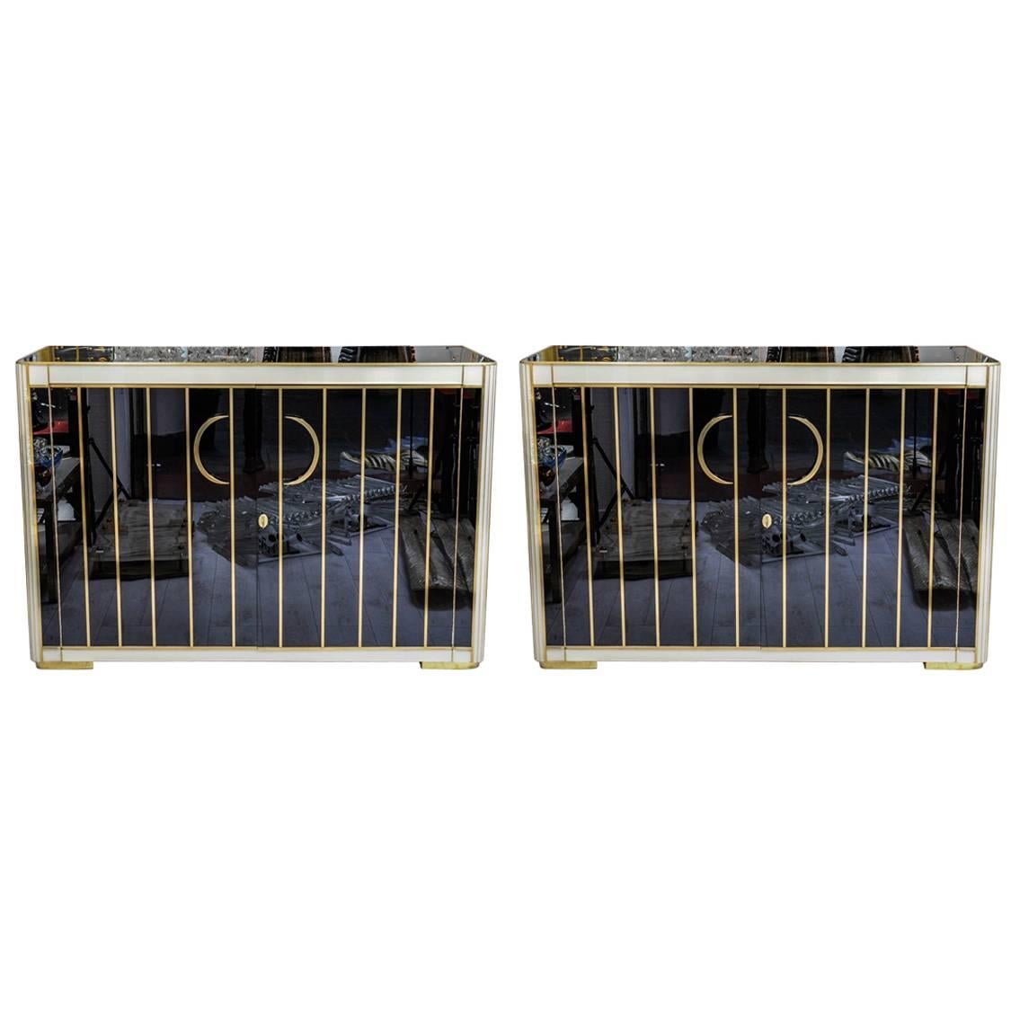 Pair of Buffets All in Tinted Glass and Brass