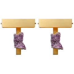 Pair of Brass Wall Sconces with Amethyst and Rectangular Shades