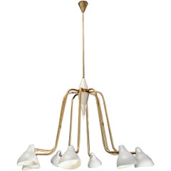 Midcentury Brass and Enameled Metal Height Arms Chandelier