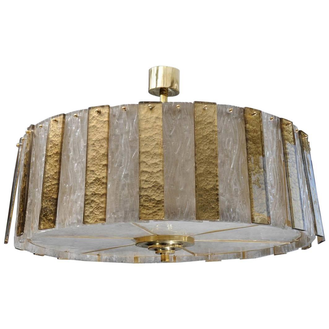 Circular Brass Chandelier with Murano Glass Panels