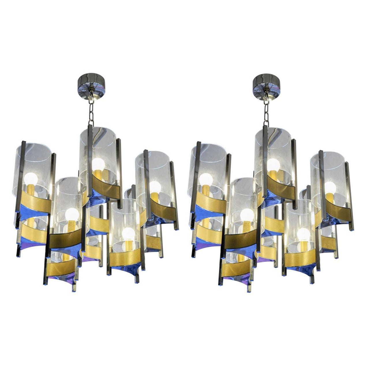 Pair of Chandeliers in Brass and Nickel Finishes by Gaetano Sciolari with Glass For Sale