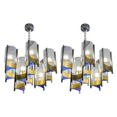 Pair of Chandeliers in Brass and Nickel Finishes by Gaetano Sciolari with Glass