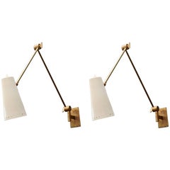 Pair of Articulated Arm and Cone Brass Wall Sconces by Stilnovo
