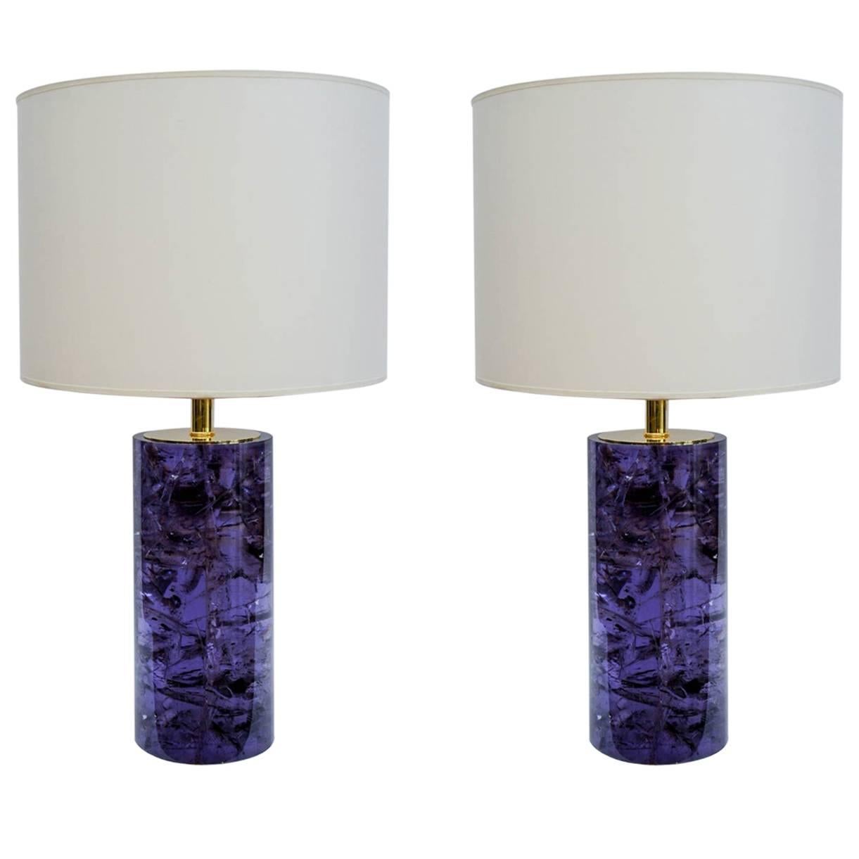 Pair of Vibrant Purple Fractale Resin Table Lamps
