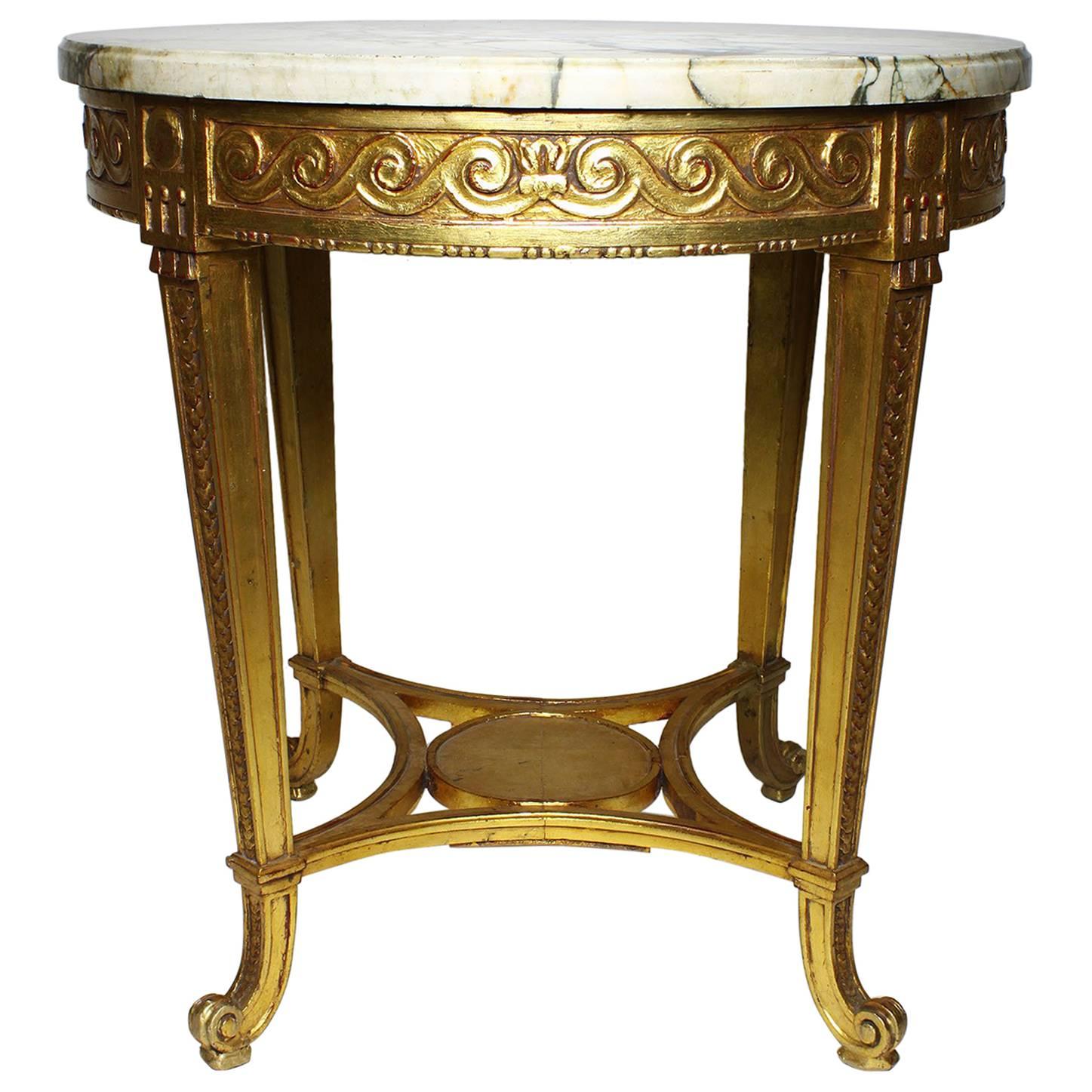 French Louis XV Style Giltwood Carved Gueridon Side Table with Marble Top
