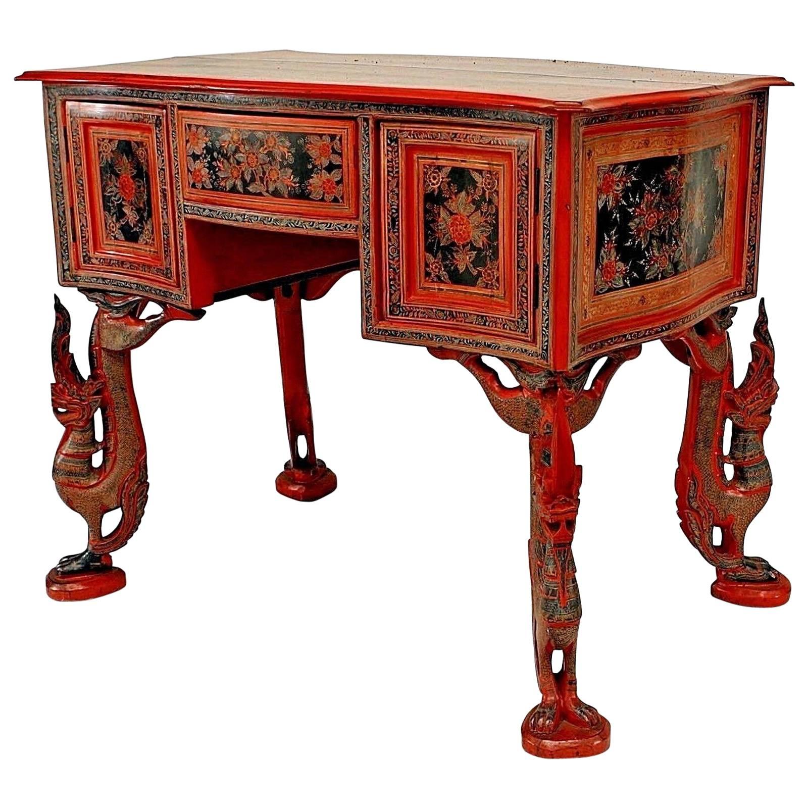 Southeast Asian Red Lacquered Decorated Desk For Sale