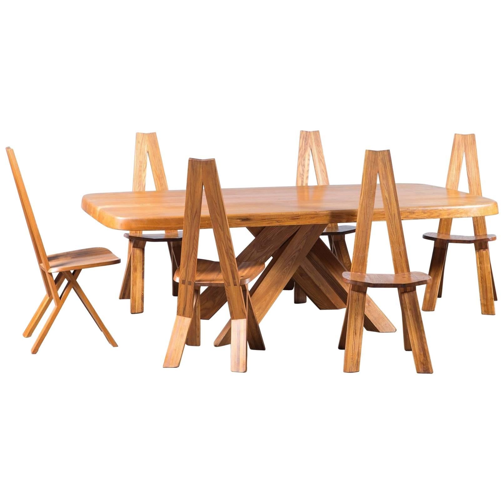 Pierre Chapo Elmwood Dining Table and Six Chairs For Sale