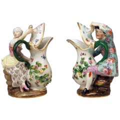 Antique Meissen Pair of Figurines with Jug Pitcher by Eberlein Models 1234 907 made 1850