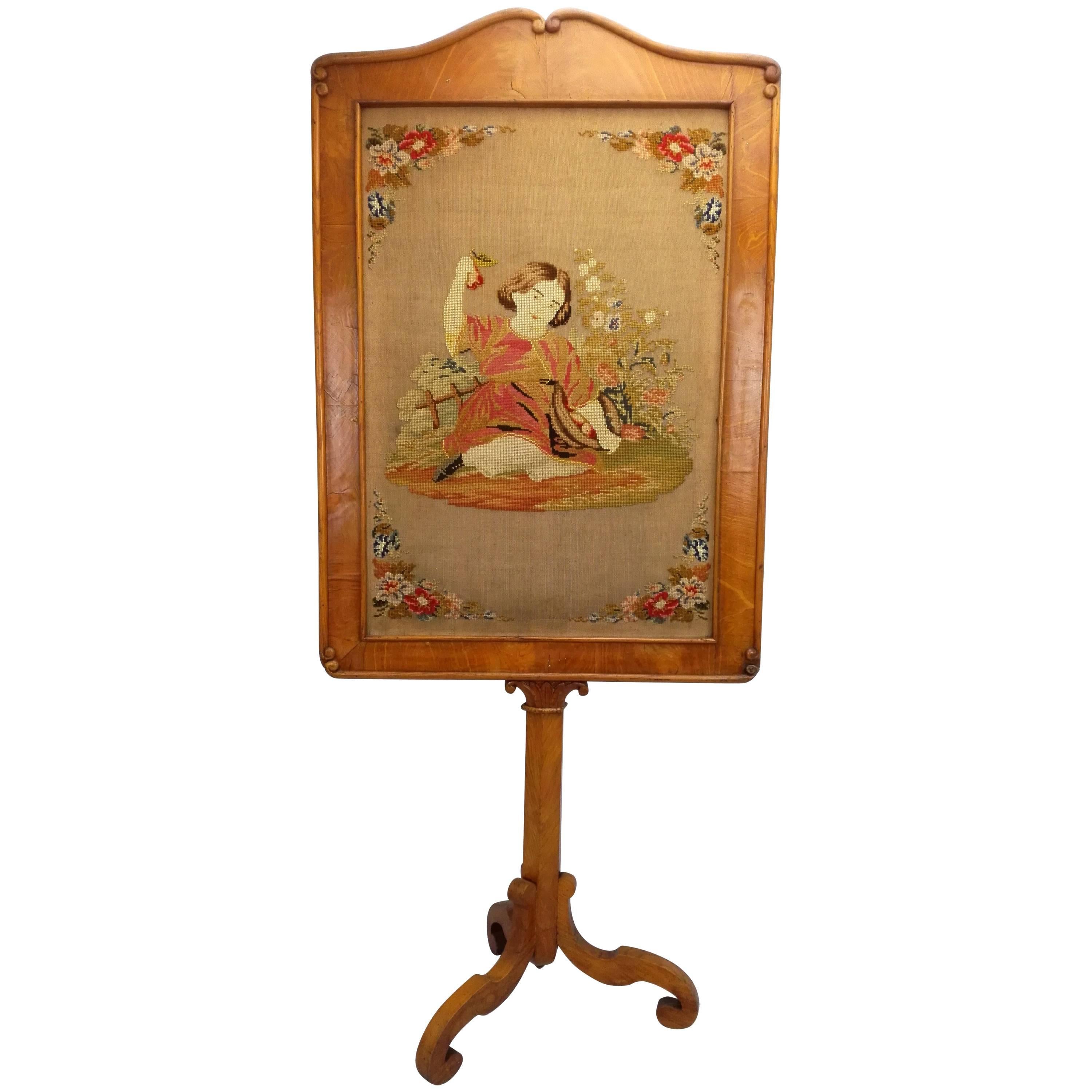 19th Century Original Biedermeier Ashwood Children Screen with Tapestry For Sale