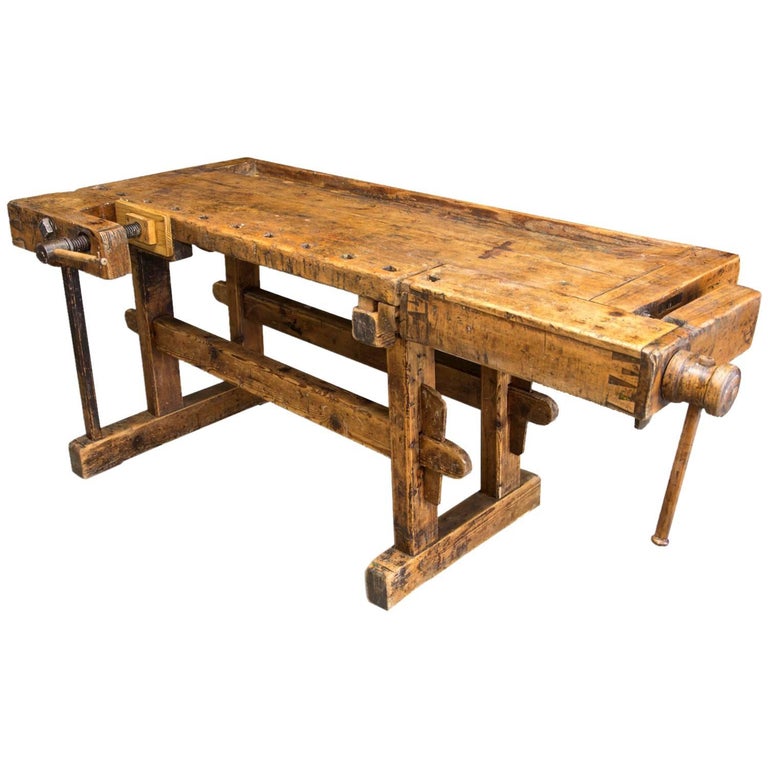 Antique European Oak Carpenters' Workbench, 1920s For Sale