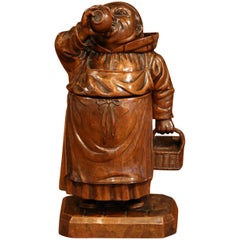 19th Century French Hand-Carved Patinated Walnut Drinking Monk Sculpture